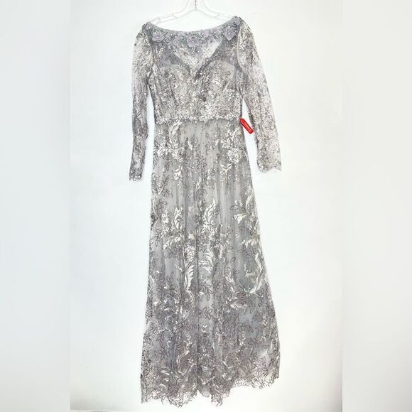 Mac Duggal 67498 Floral Embroidered Illusion Long Sleeve Gown, Sterling, Size 12 - Picture 2 of 11